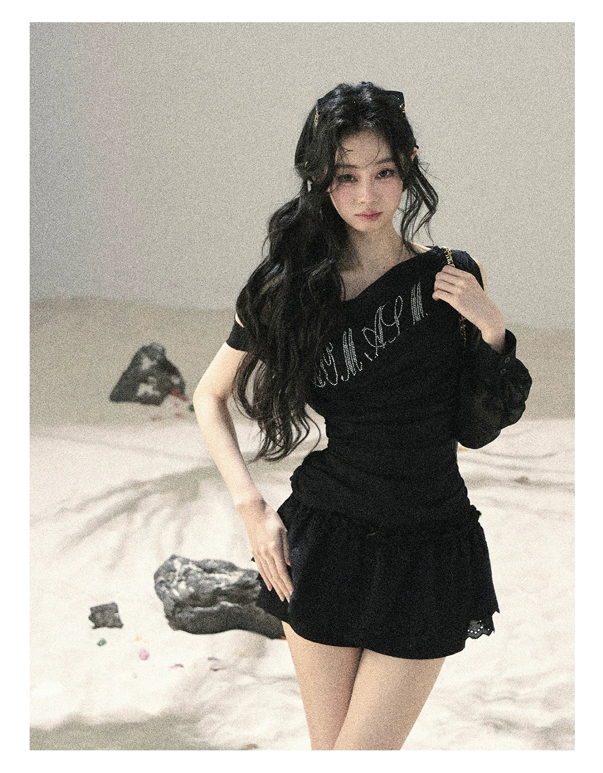 "Scattered Starlight" Midnight Black Off-Shoulder Mesh Waist-Cinched Top