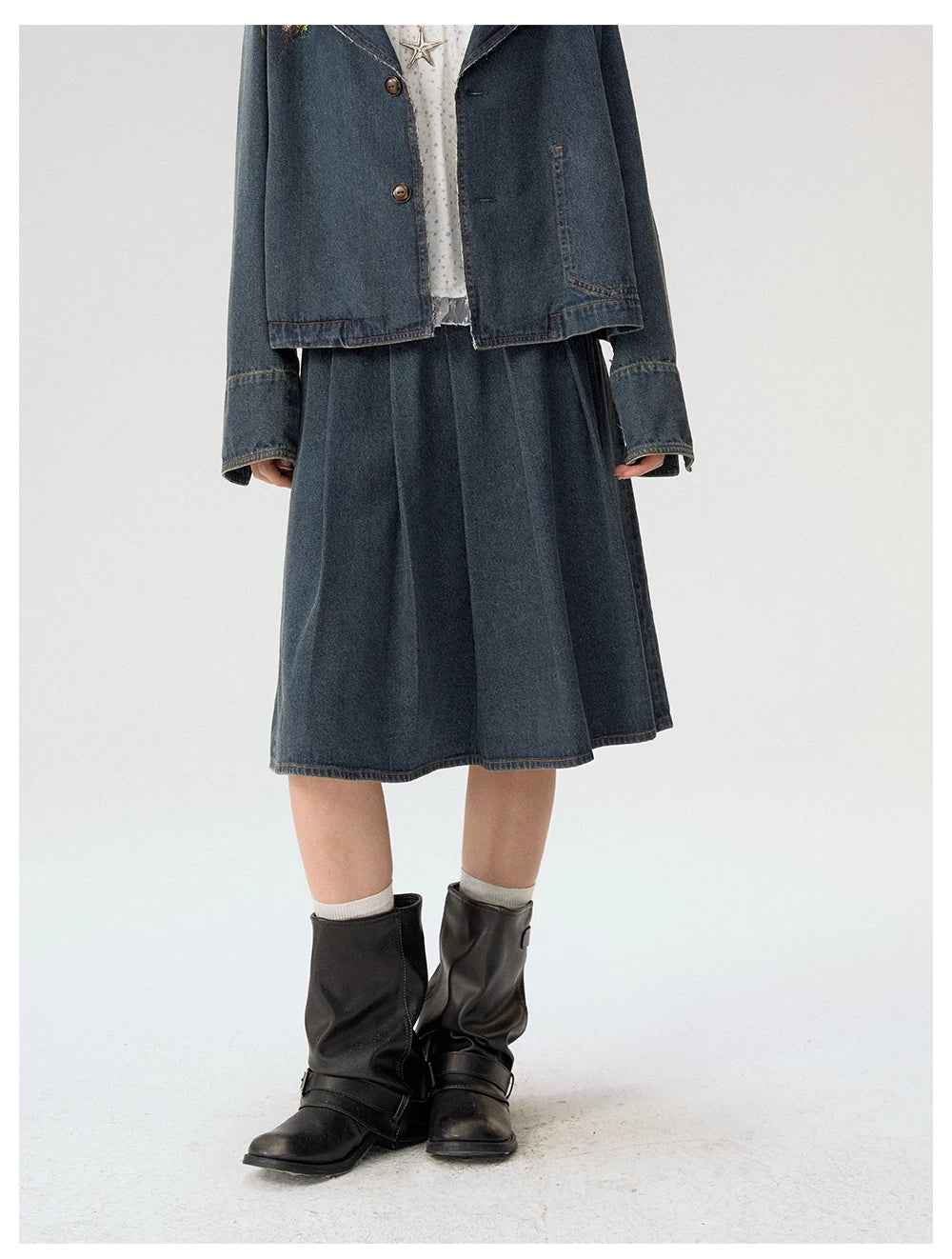 [CAN] "Wildflower Echoes" Vintage Indigo Denim Set (Jacket / Flared Pants / Midi Skirt)
