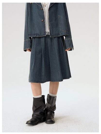 [CAN] "Wildflower Echoes" Vintage Indigo Denim Set (Jacket / Flared Pants / Midi Skirt)