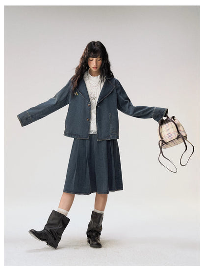 [CAN] "Wildflower Echoes" Vintage Indigo Denim Set (Jacket / Flared Pants / Midi Skirt)
