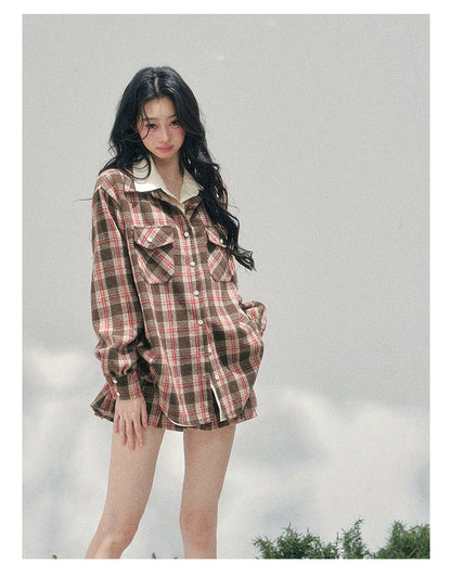 “Café Daydream” British Plaid Shirt & Mini Skirt Set