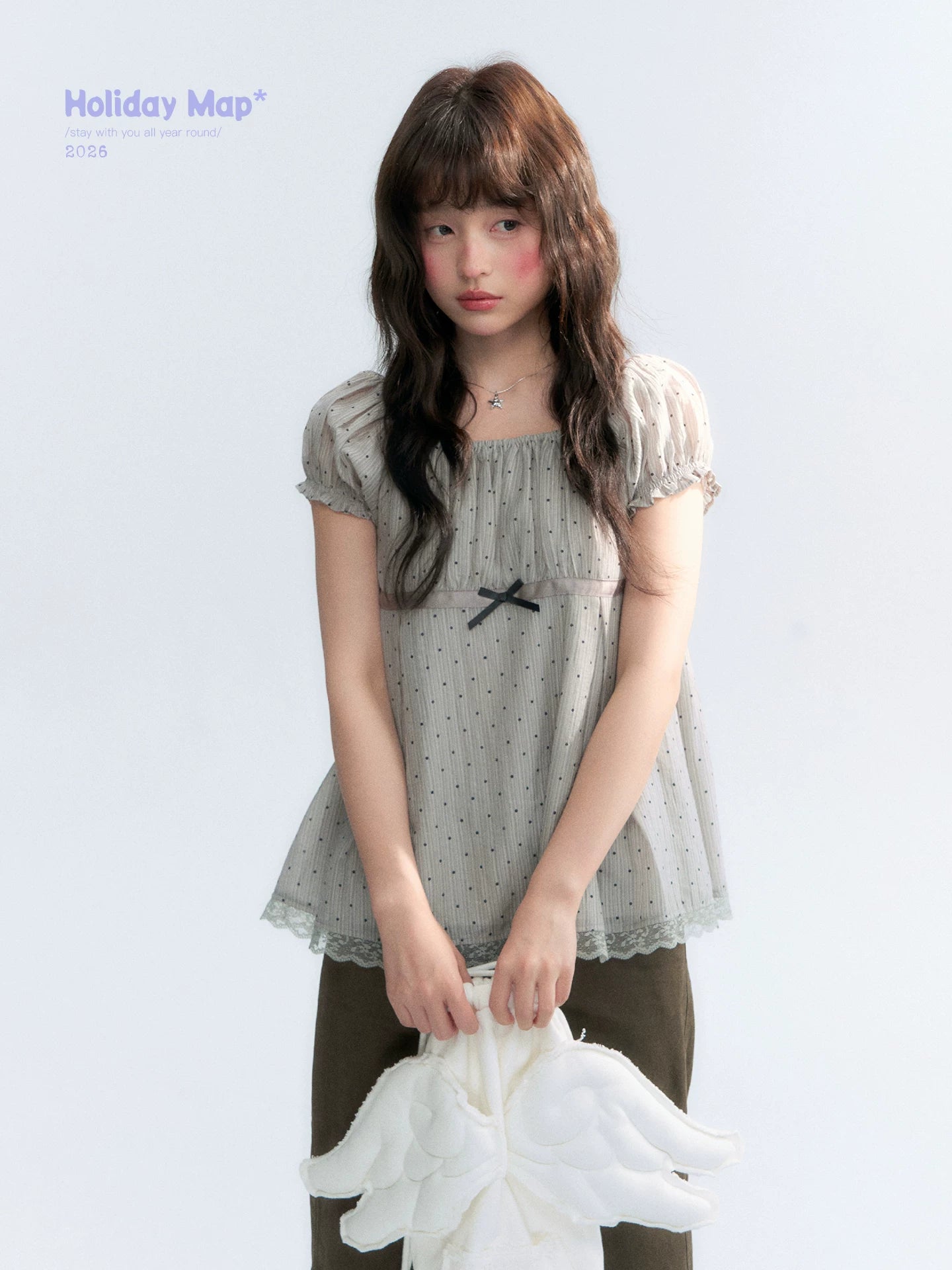 "Polka Dot Constellation" Gray Polka Dot Square Neck Puff Sleeve Top