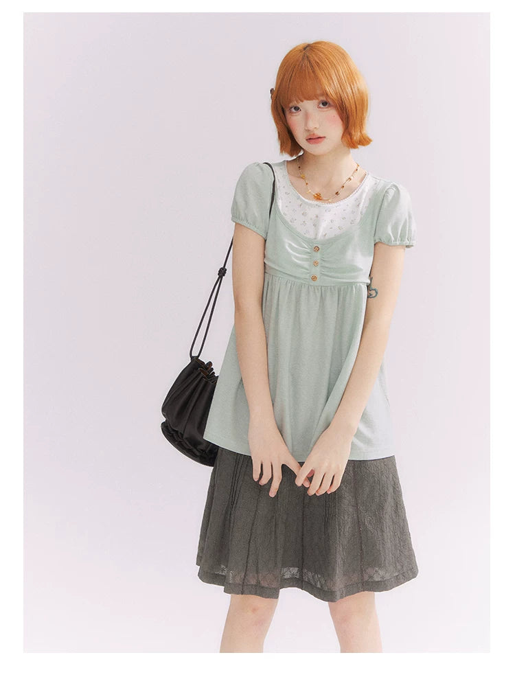“Vintage Layered Charm” Mint Green Floral Layered Puff Sleeve T-Shirt