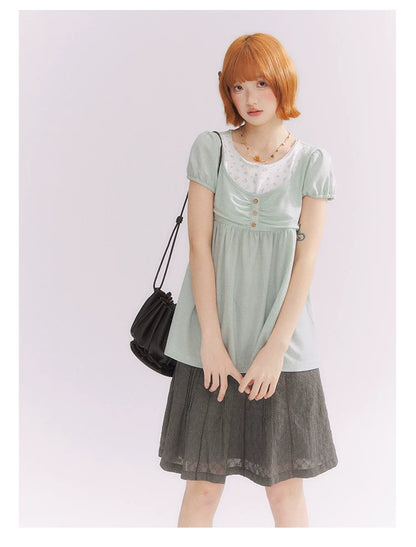 “Vintage Layered Charm” Mint Green Floral Layered Puff Sleeve T-Shirt