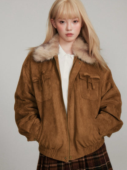 “Maillard Warmth” Yellow-Brown Faux Suede Fleece-Lined Short Jacket M6667