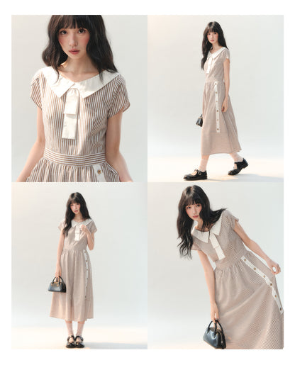 [CAN] "Coffee Meets Cream" Mocha Stripe Bow Collar Dress