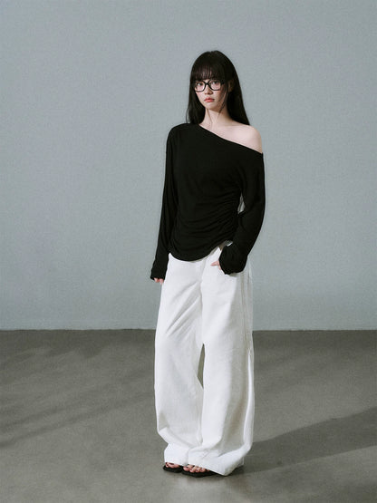 LOST FOREST - Black Lyocell-Wool One-Shoulder Long Sleeve Top