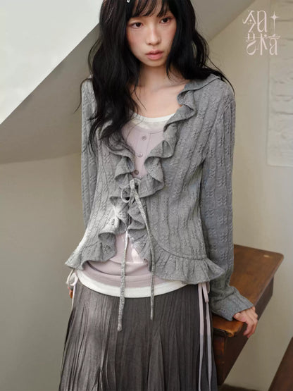 DAILY ARTIST - Gray Ruffle-Trim Cardigan & Purple Layered Top Set