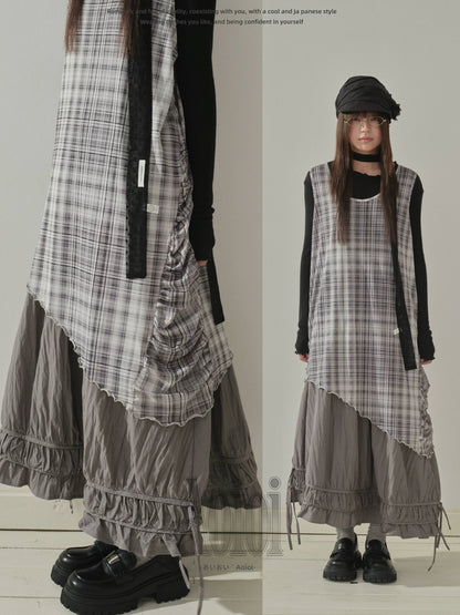 "Quiet Layers" Gray Plaid Mesh Layering Maxi Dress
