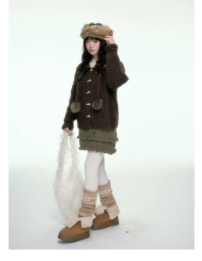 BIBIBENCY - Brown Cable-Knit Cardigan with Toggle Closures