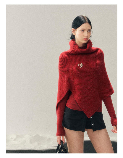181225 "Late Autumn Ginkgo" Burgundy High-Neck Knit Cape Set