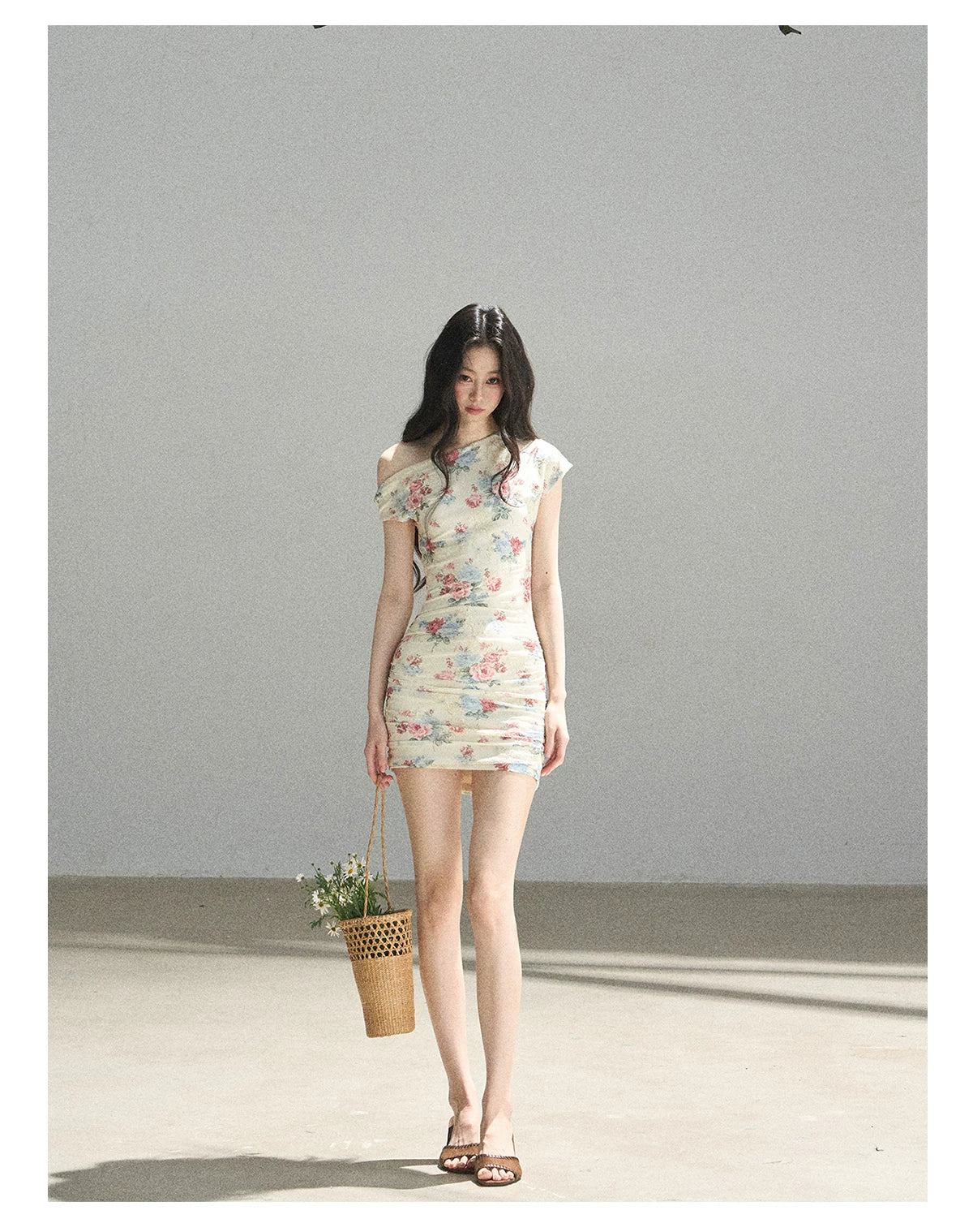 "Flowers & Sunlight" Dutch Cream Off-Shoulder Mesh Bodycon Mini Dress