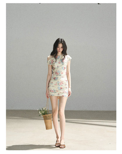 "Flowers & Sunlight" Dutch Cream Off-Shoulder Mesh Bodycon Mini Dress