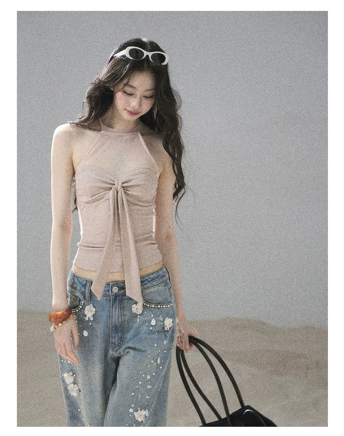"Galaxy in Your Eyes" Milk Tea Halter Mesh Knit Top