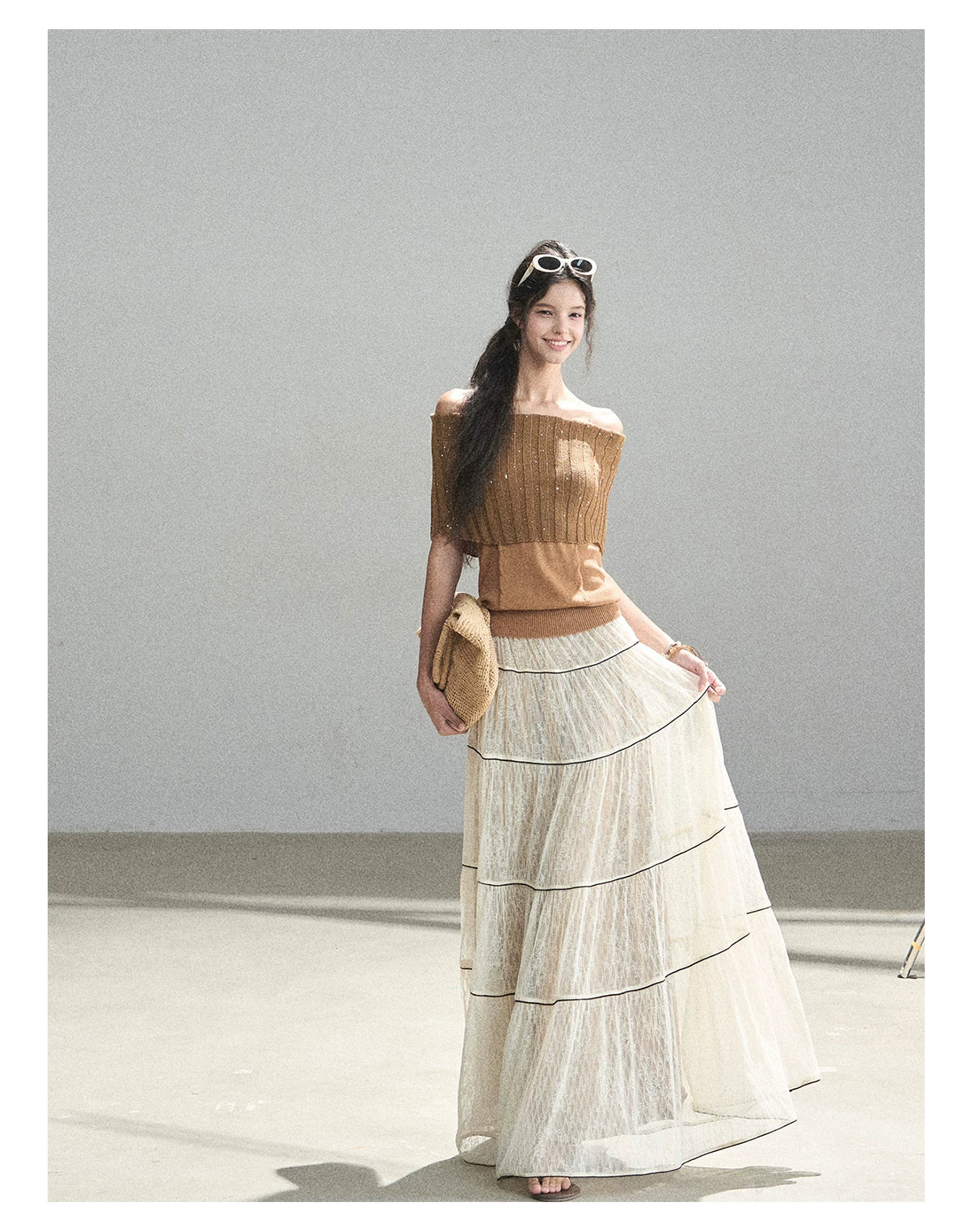 "Mist Through the Woods" Creamy Apricot White Lace Maxi A-Line Skirt