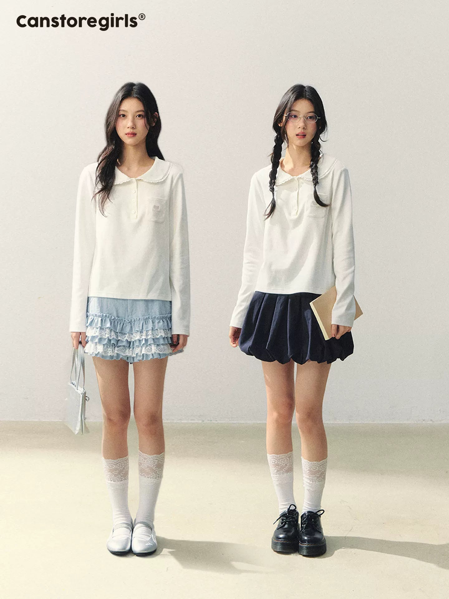 "Lace Bear Diary" Lace Collar Embroidered Knit Polo Top WW2026025
