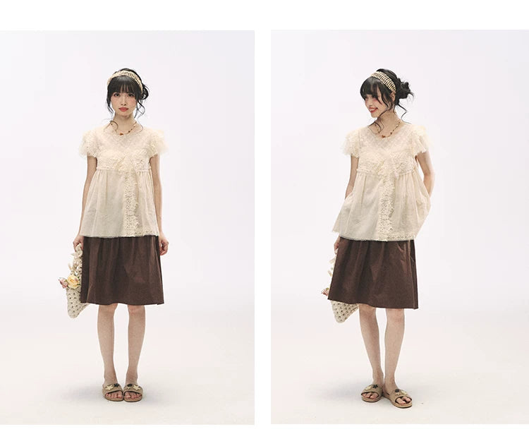 "Apricot Blossom Letter" Oatmeal Lace Patchwork Short Sleeve Blouse