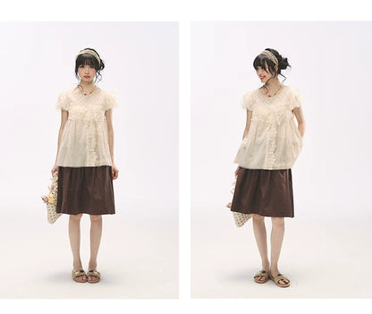"Apricot Blossom Letter" Oatmeal Lace Patchwork Short Sleeve Blouse