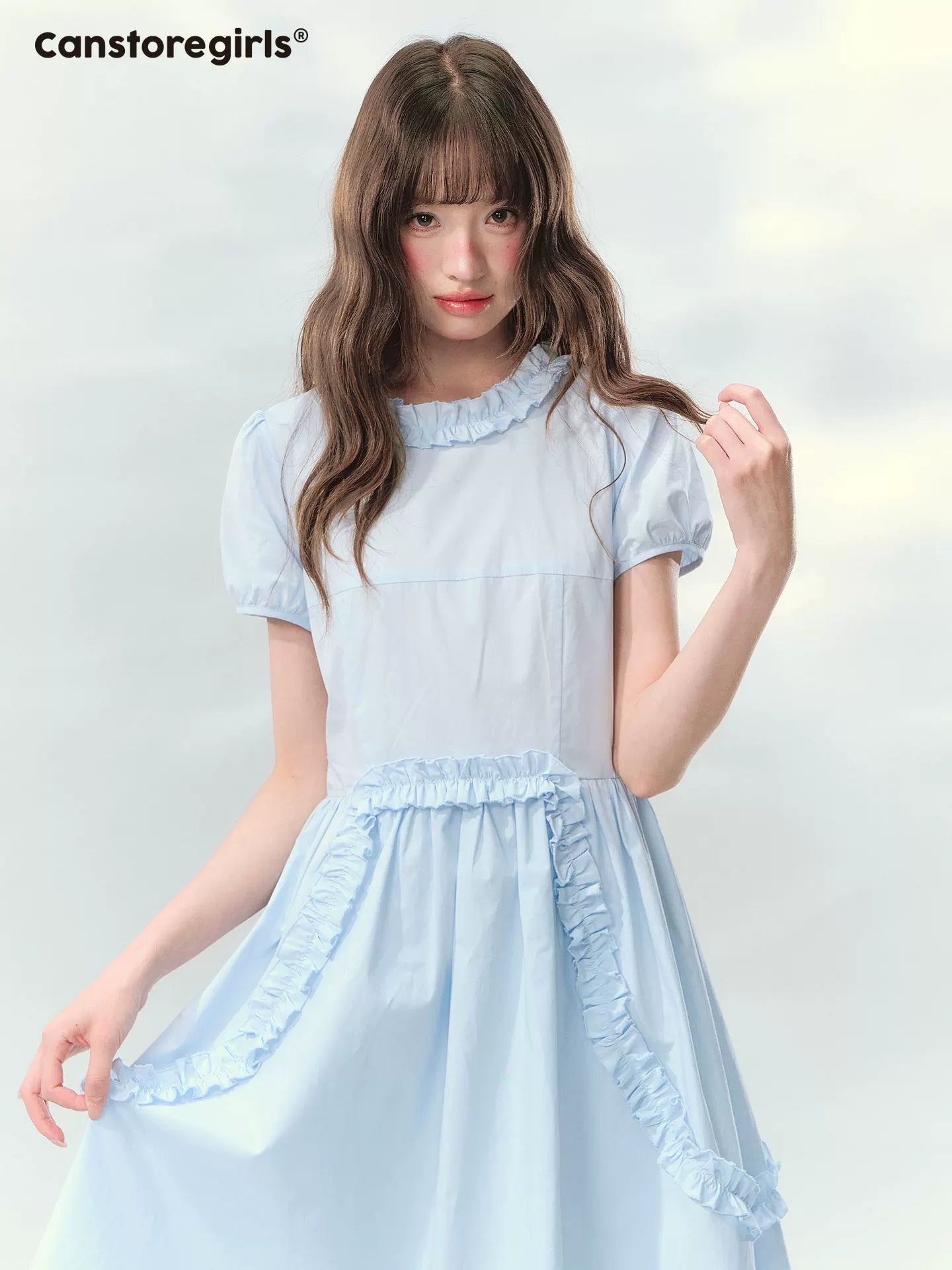 “Cloudside Blue” Mist Blue Puff Sleeve Midi Dress LL2026123