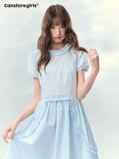 “Cloudside Blue” Mist Blue Puff Sleeve Midi Dress LL2026123