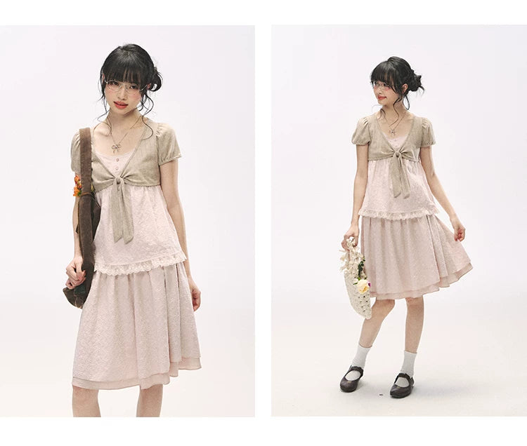 "Sweetheart Pages" Blush Pink Bow Puff Sleeve Top & A-Line Skirt Set