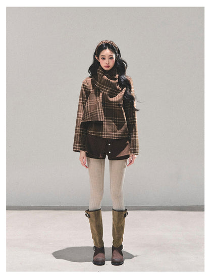 少也眼 “Twilight Forest" Woolen Oversized Coat - Plaid Brown