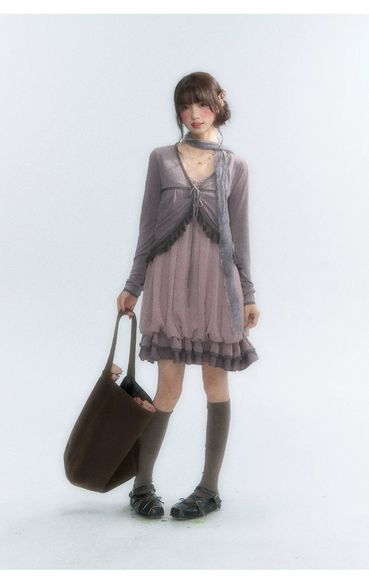 "Misty Lavender Reverie" Vintage Floral Lace Trim Midi Slip Dress