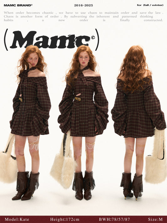 MAMC - Burgundy Grunge Off-Shoulder Plaid Dress