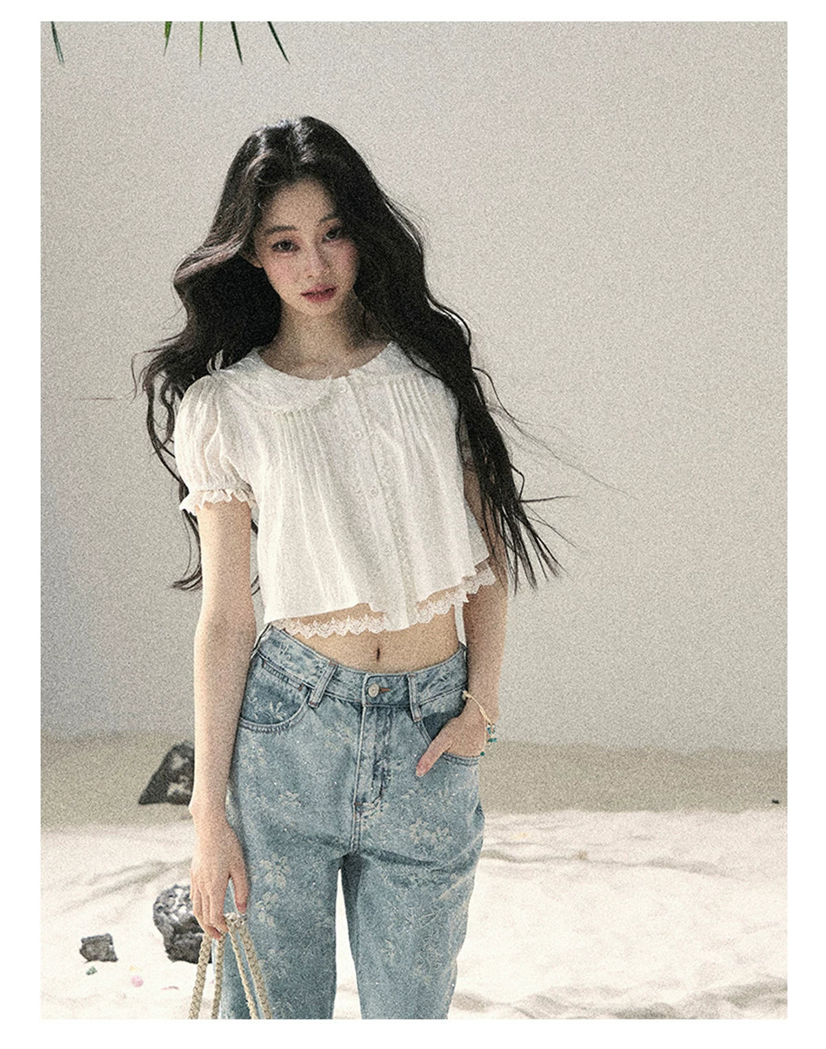 "Speechless Moonlight" Cloud White Lace Puff Sleeve Crop Top 74555