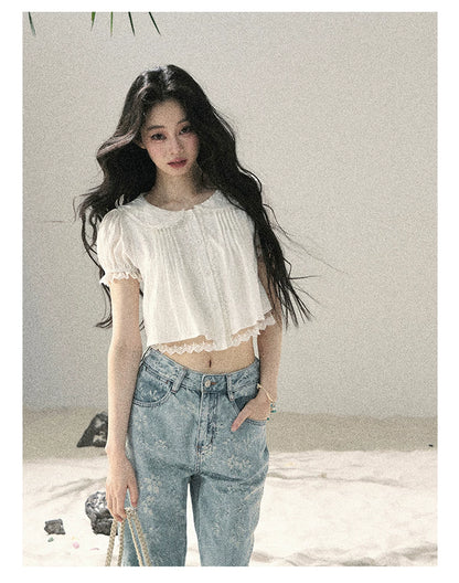 "Speechless Moonlight" Cloud White Lace Puff Sleeve Crop Top 74555