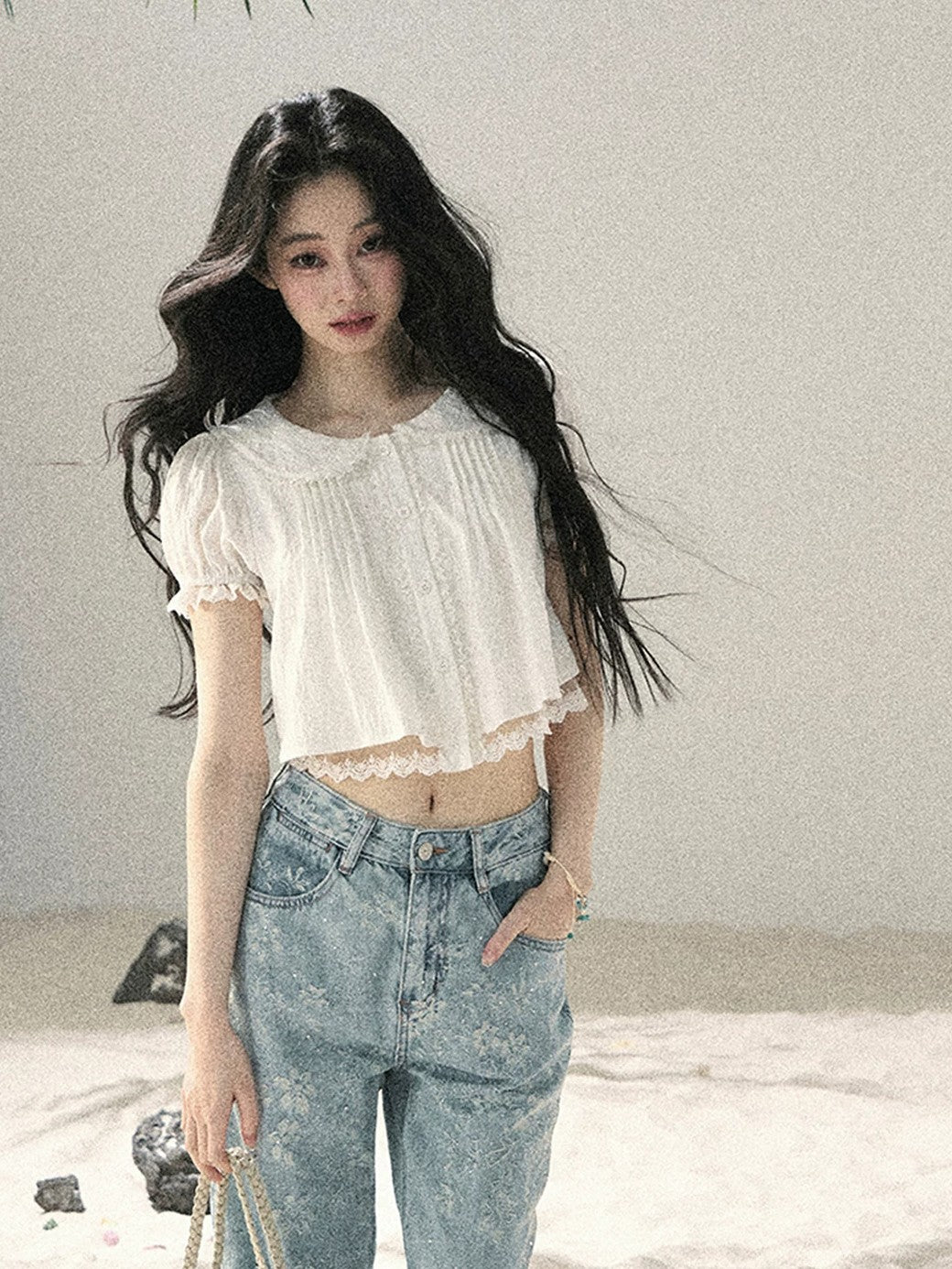 "Speechless Moonlight" Cloud White Lace Puff Sleeve Crop Top 74555