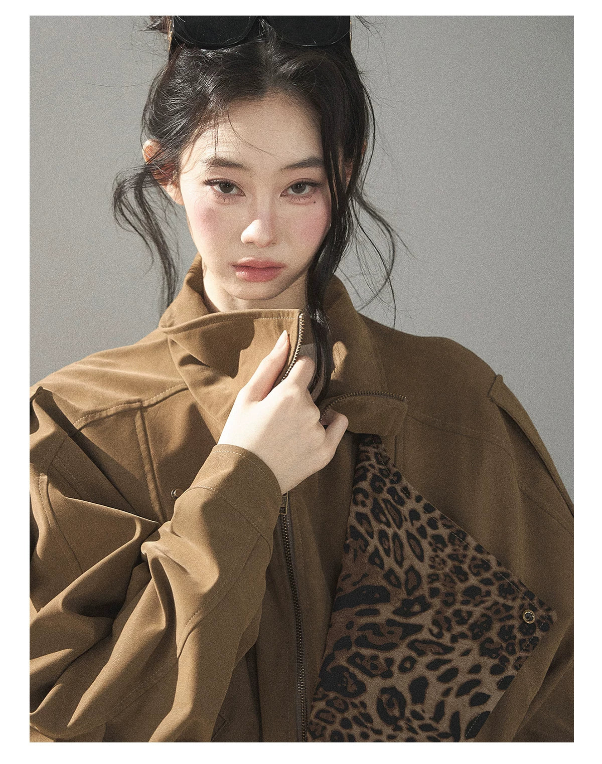AOMALM - “Acorn & Fallen Leaves” Korean Leopard Print Chestnut Brown Faux Suede Jacket