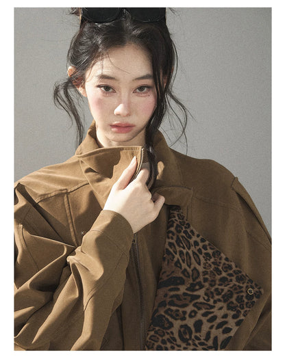 AOMALM - “Acorn & Fallen Leaves” Korean Leopard Print Chestnut Brown Faux Suede Jacket