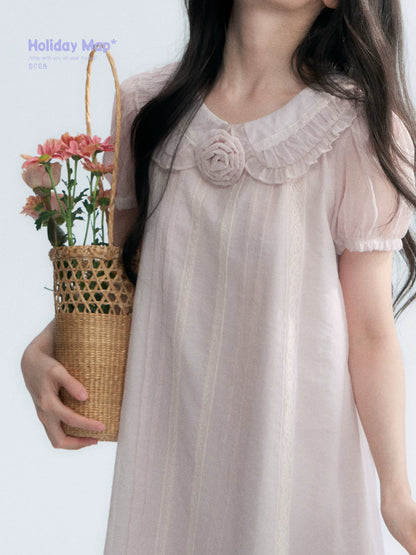 "Misty Wild Rose" Detachable Rose Lace Trim Puff Sleeve Midi Dress