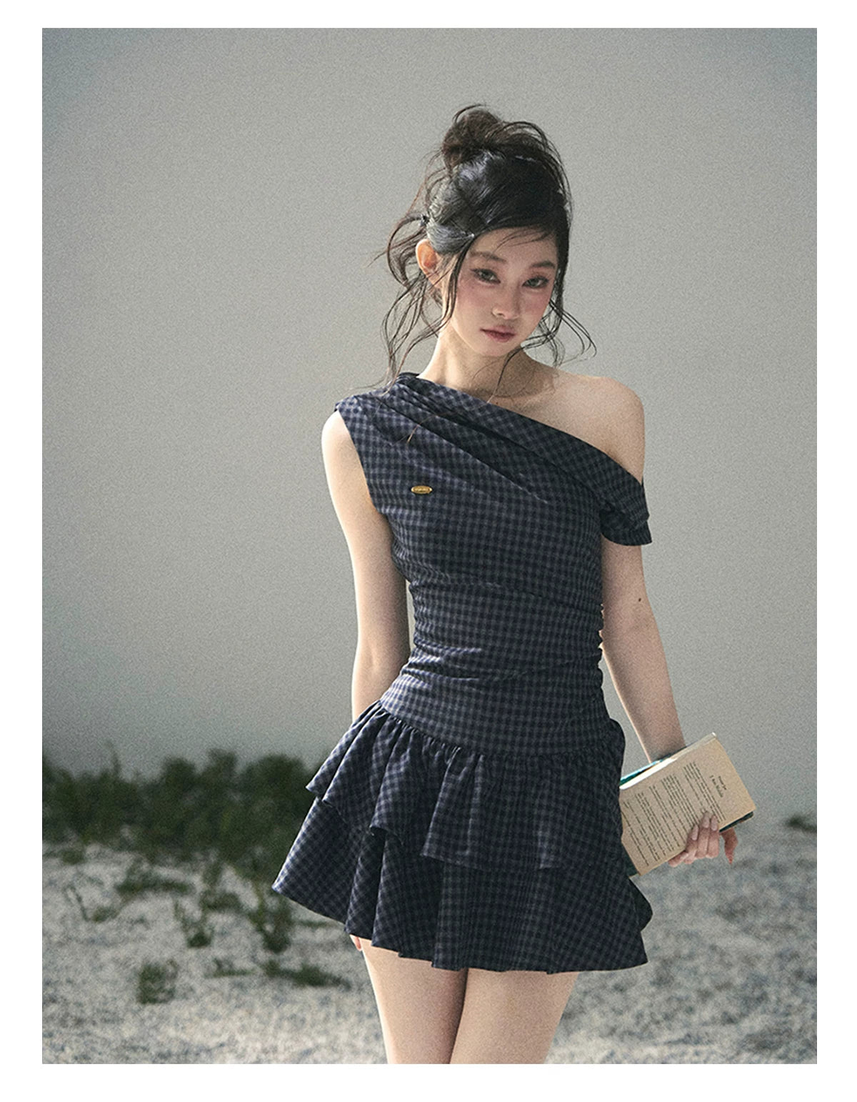 "Moonlit Bellflower Reverie" Navy Plaid One-Shoulder Mini Dress 567474