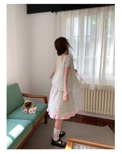 [RF] “Green Grape Picnic” Pastel Plaid Two-Piece Skirt Set