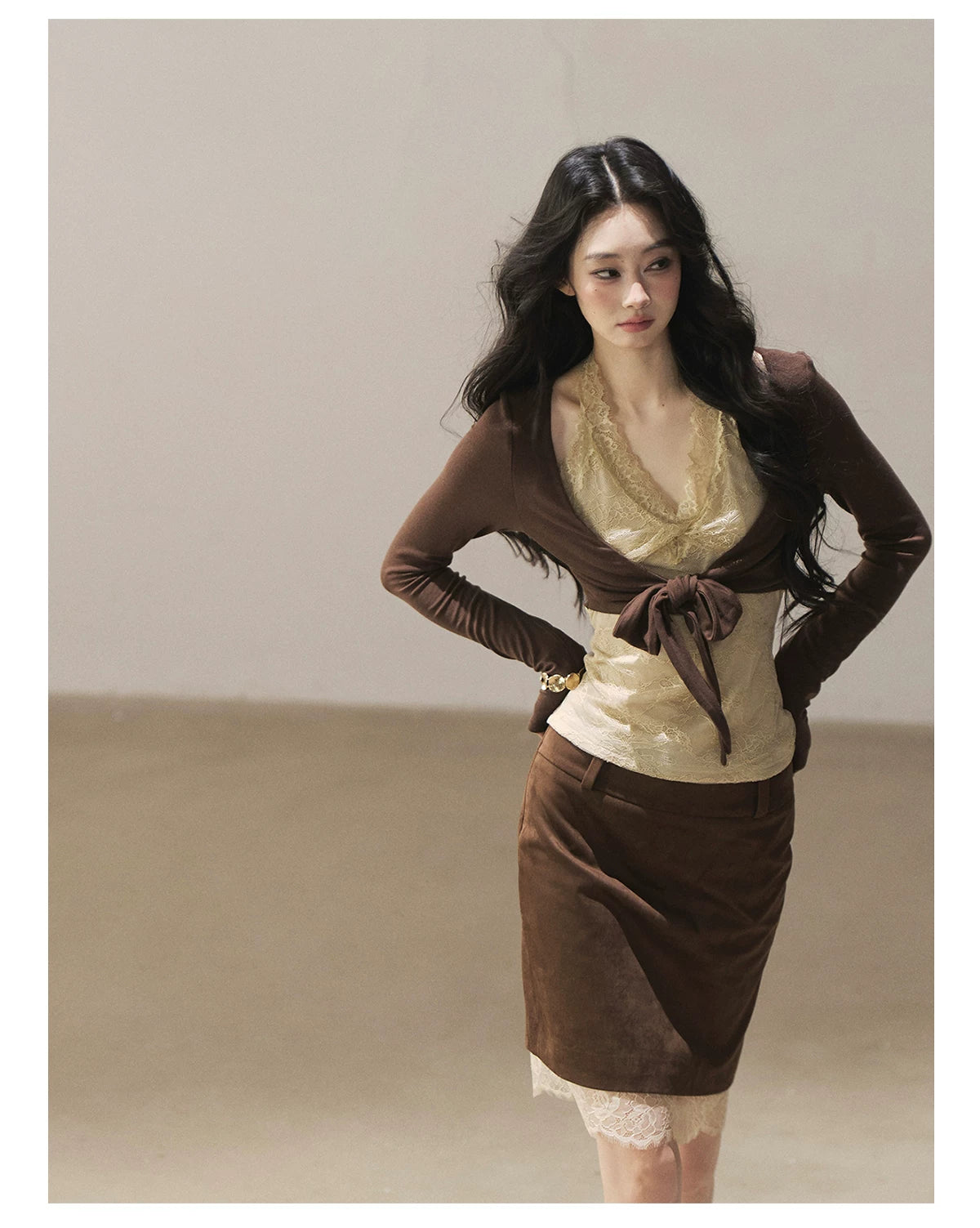 AOMALM - "Tender in This Moment" Rich Cocoa Faux Two-Piece Lace Top