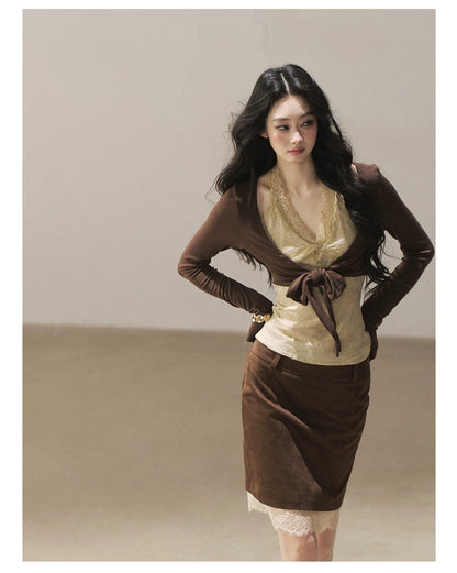 AOMALM - "Tender in This Moment" Rich Cocoa Faux Two-Piece Lace Top