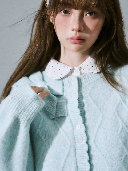 LOST FOREST - Teal Green Wool Blend Bow Cardigan