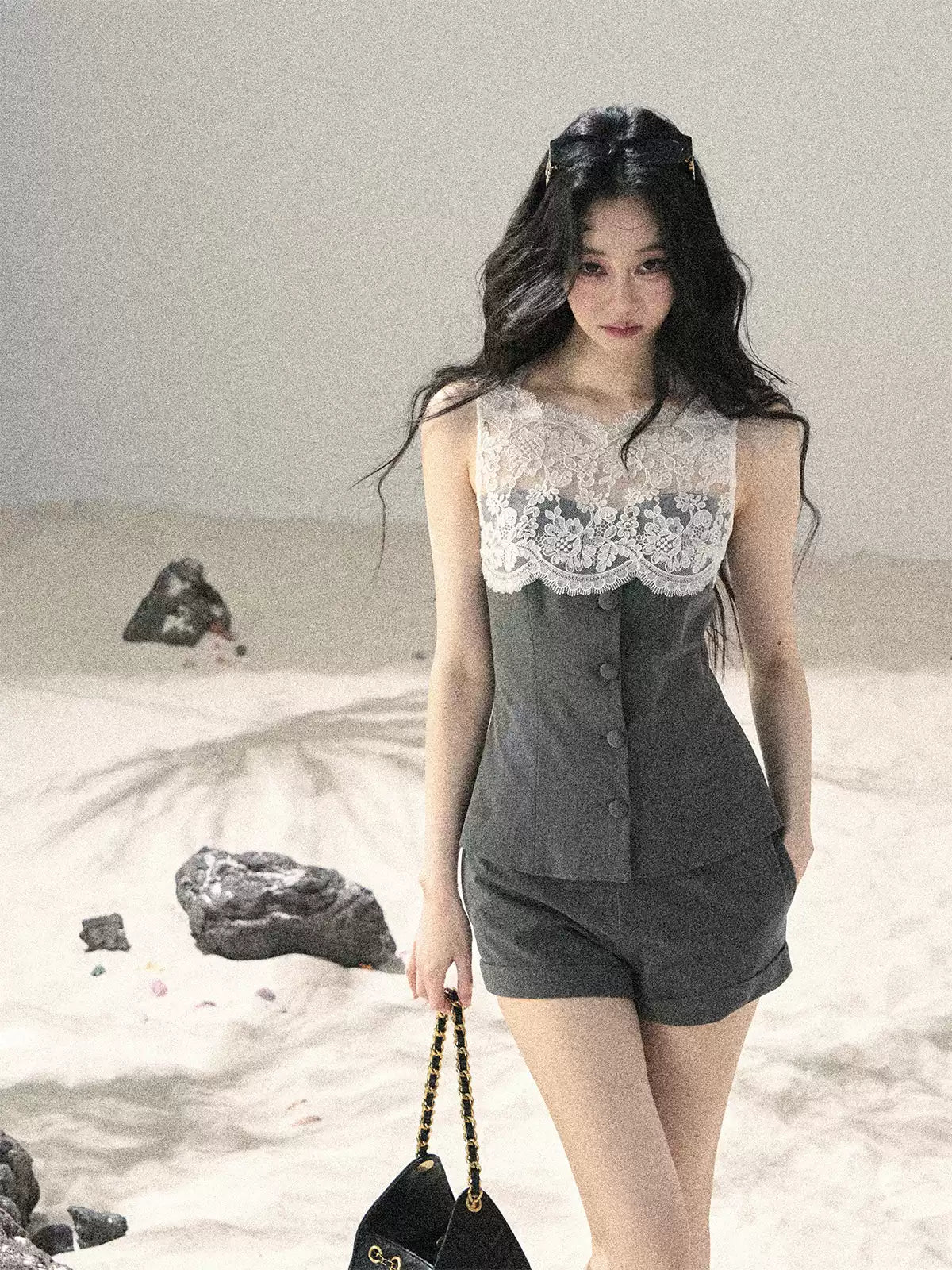 "Blossoms Through the Mist" Moon Mist Gray Lace Top & Tailored Shorts Two-Piece Set