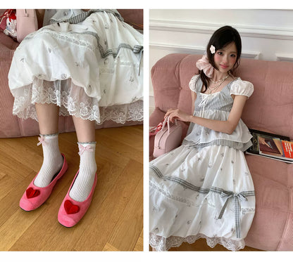 “Misty Isle White Tea” Grey White Polka Dot Skirt Set