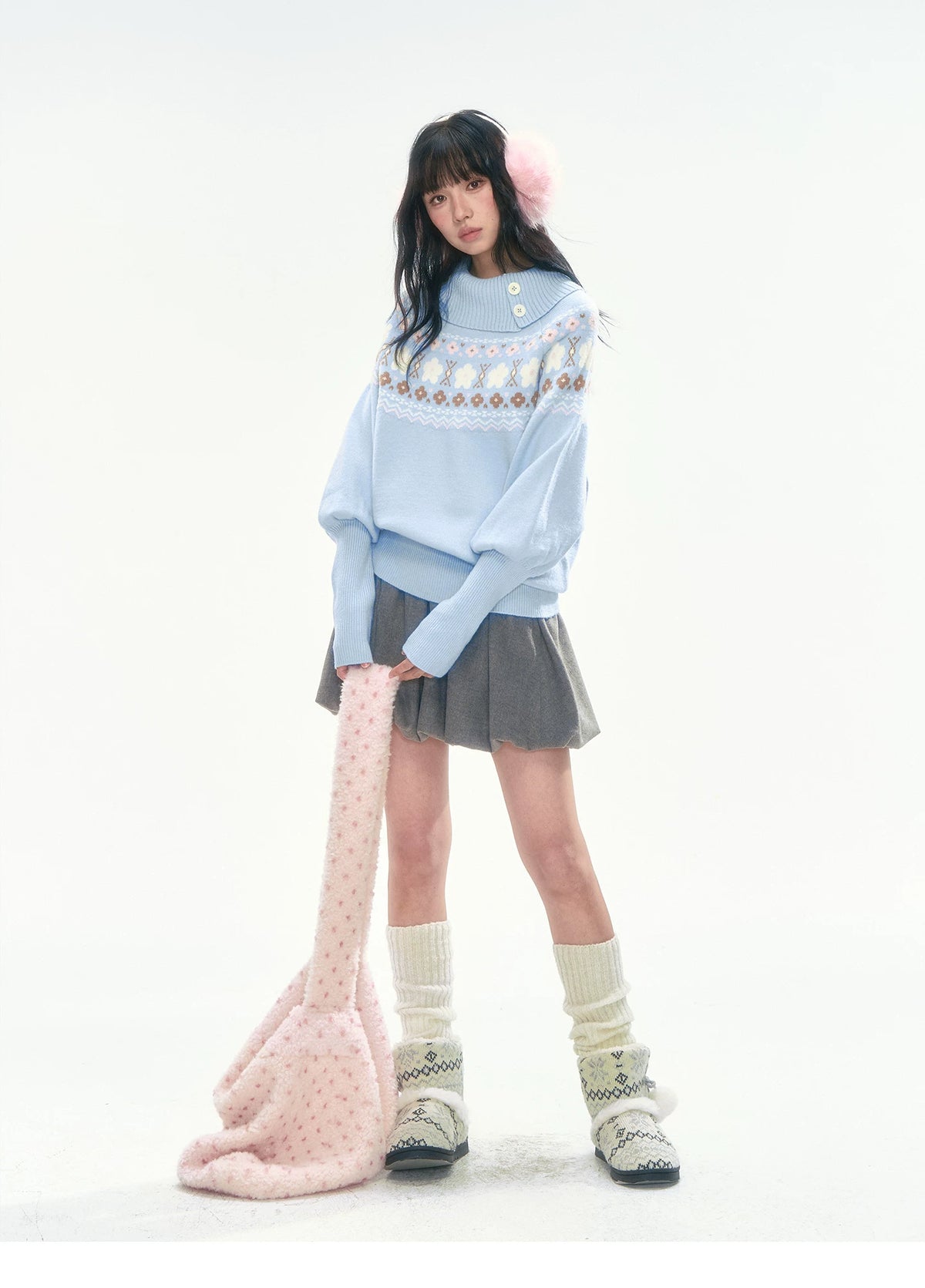 [CAN] Light Blue Floral Fair Isle Knit Sweater
