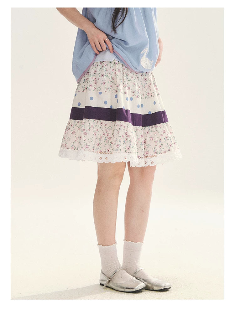 "Moonlight Grape" Vintage Floral Polka Dot Lace A-Line Skirt