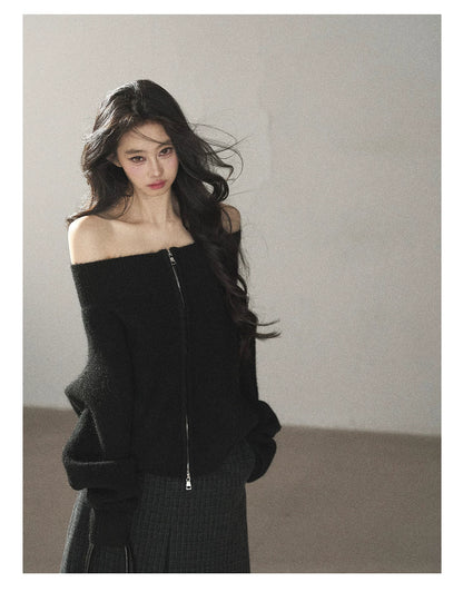AOMALM - Quiet Black Wool-Blend Cropped Knit Jacket