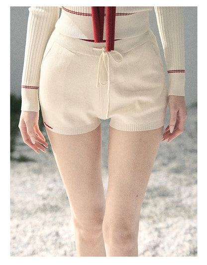 “Delhi Academy” Ivory Polo Knit Set with Angora Red Scarf