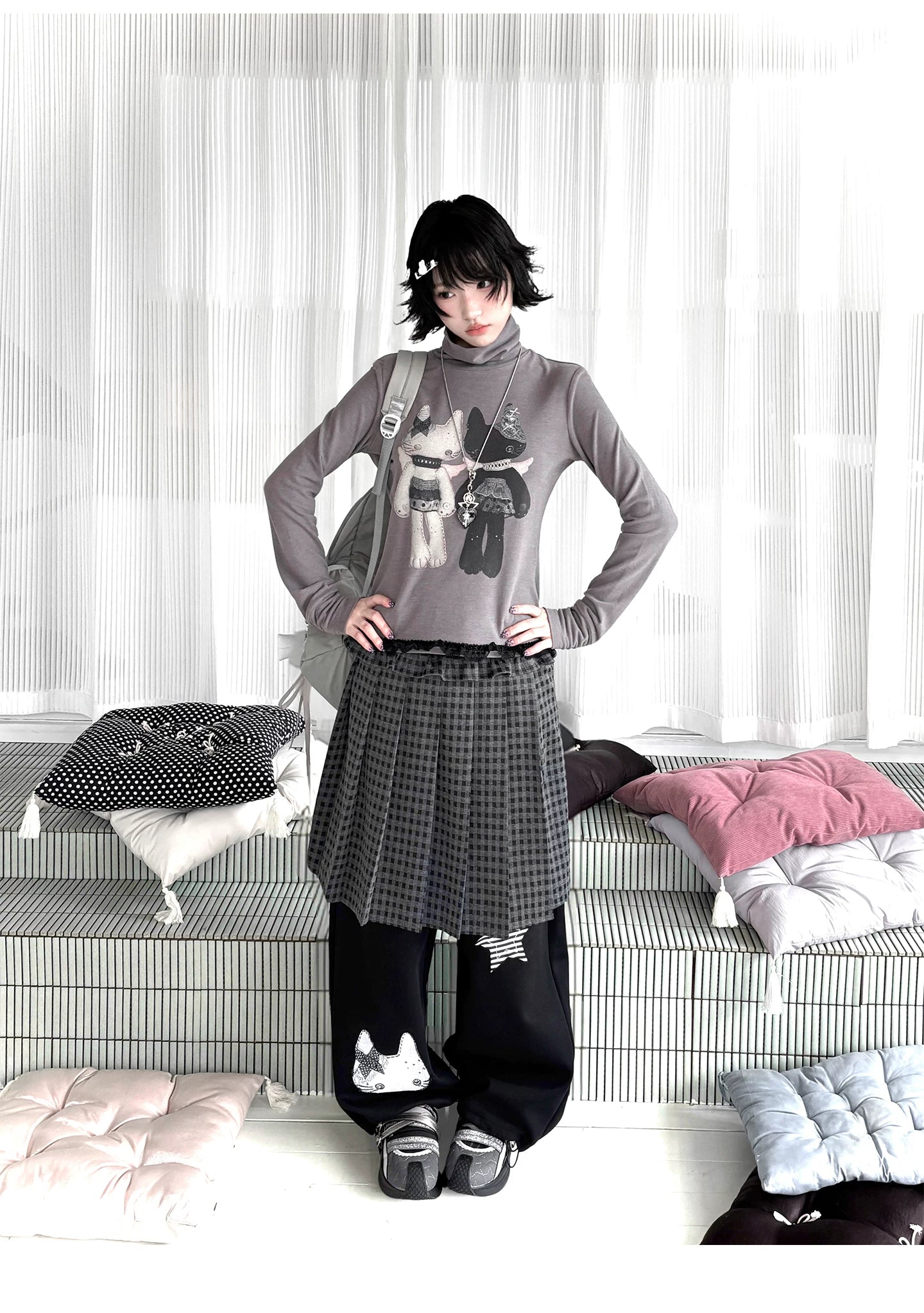 "Forgotten Corner" Mock Neck Gray Base Layer Top & Black Gray Plaid Skirt Set