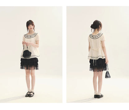 "Toasted Cookie" Yellow Flower Rope Embroidery Babydoll Top
