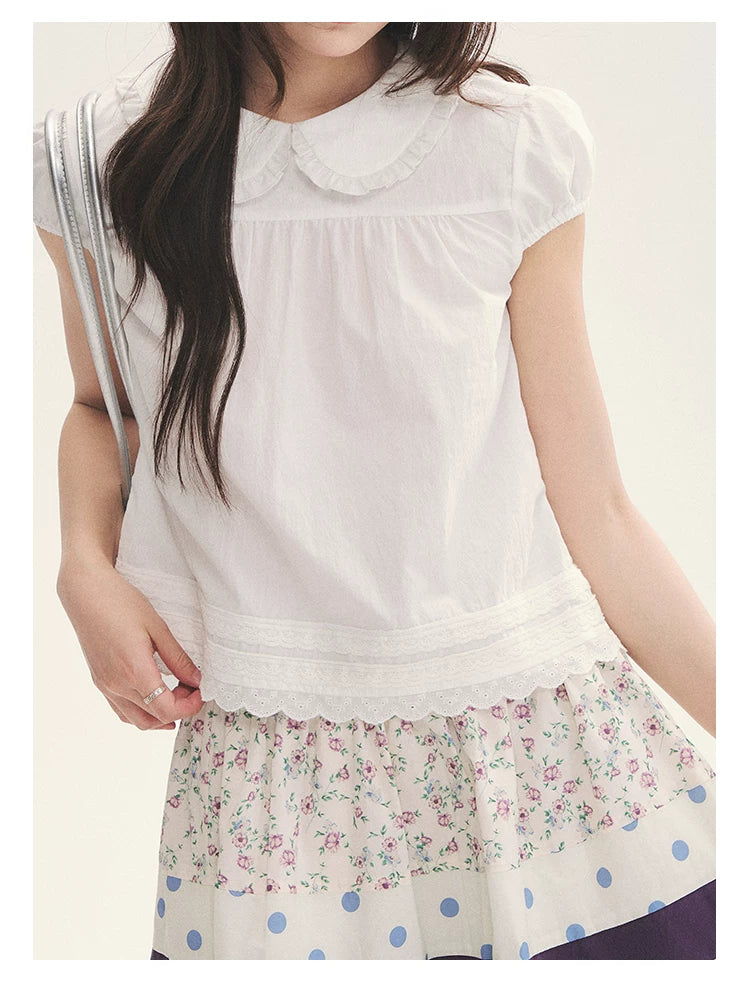 "Cotton Cloud" White Ruffle Collar Puff Sleeve Babydoll Top