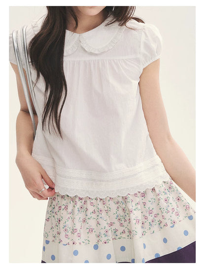 "Cotton Cloud" White Ruffle Collar Puff Sleeve Babydoll Top