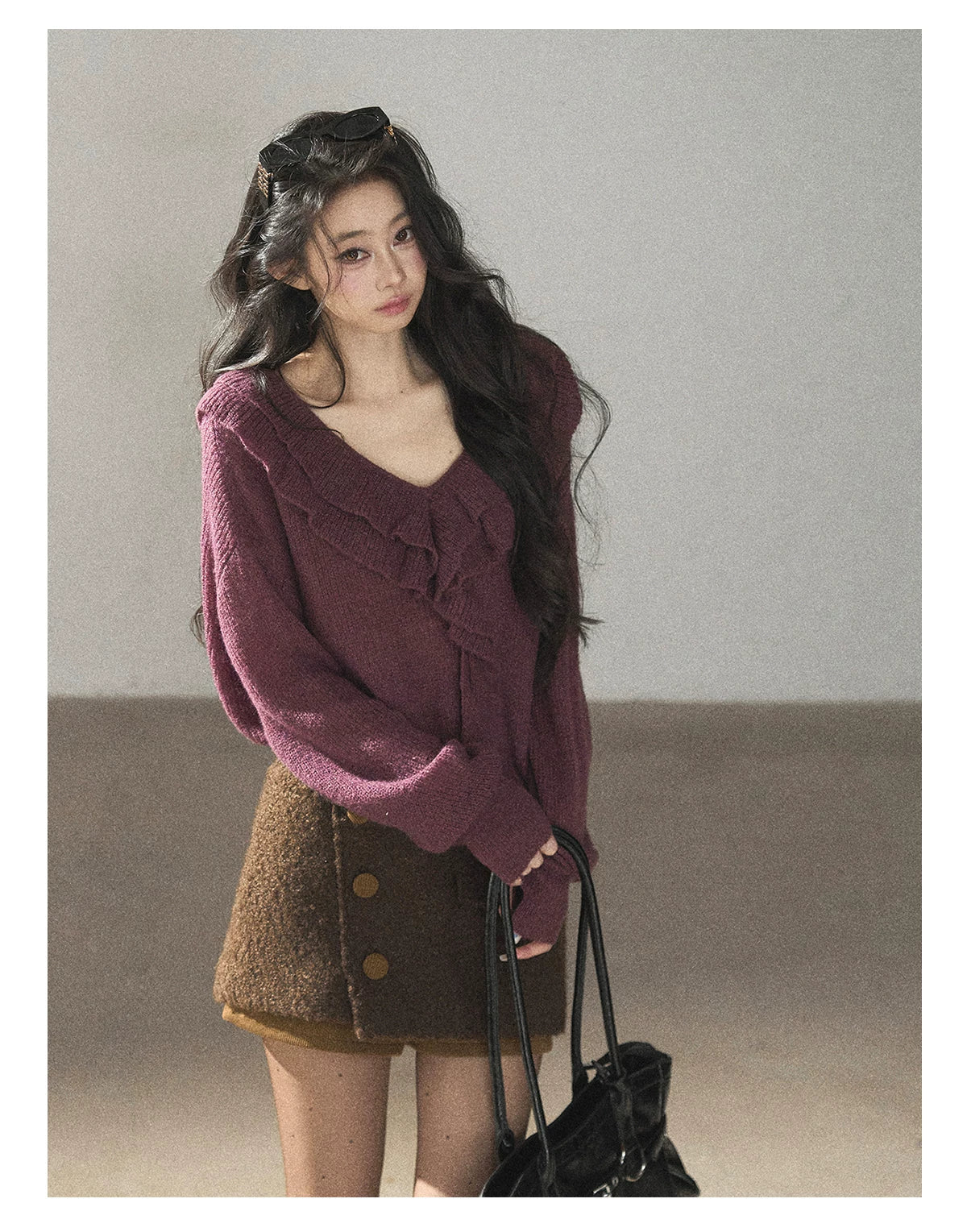 AOMALM - "A Softer Breath" Midnight Purple Ruffle V-Neck Sweater